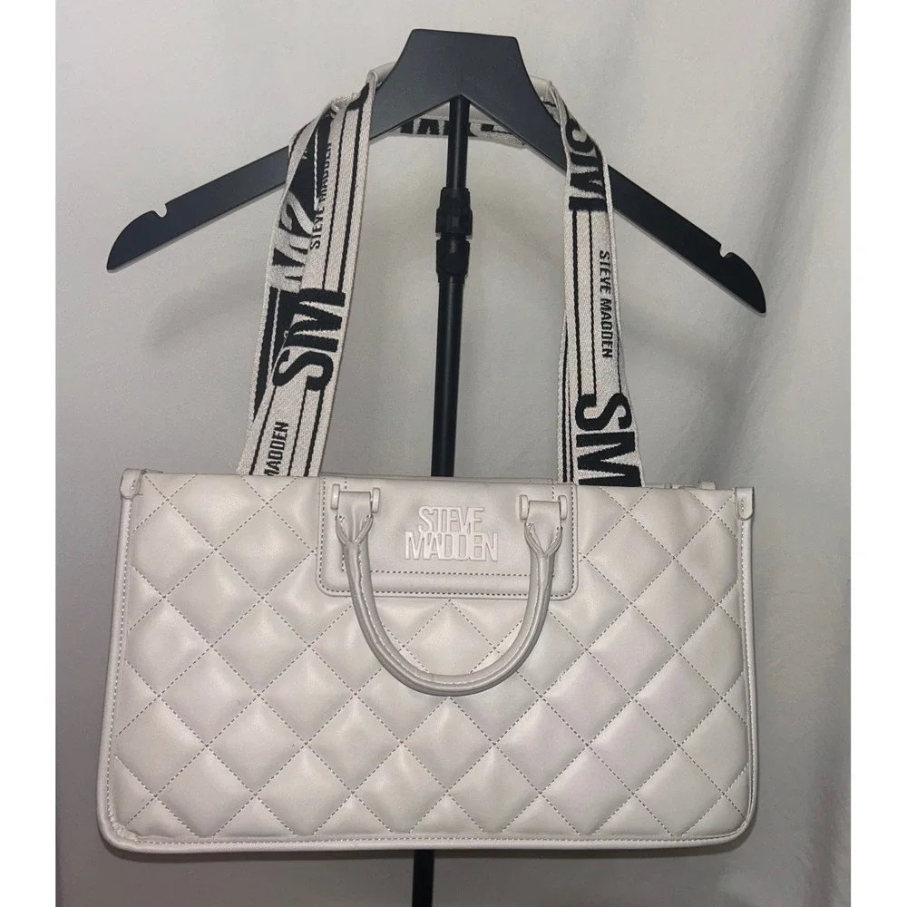 Steve Madden White Quilted Satchel Bag Top Handle‎ Shoulder Strap Purse